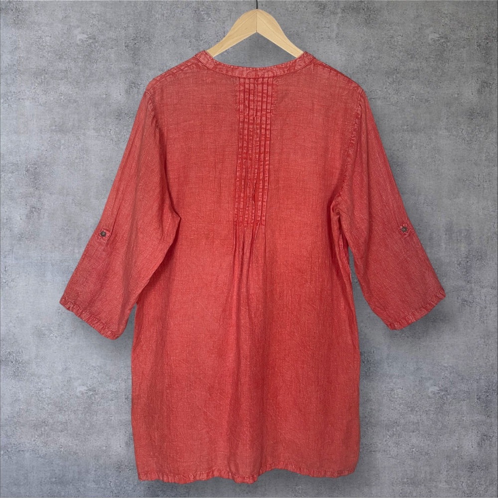Karyn Seo Coral Linen Tunic Top Womens XL Embroidered Pintuck Pleat Pullover - Picture 4 of 8